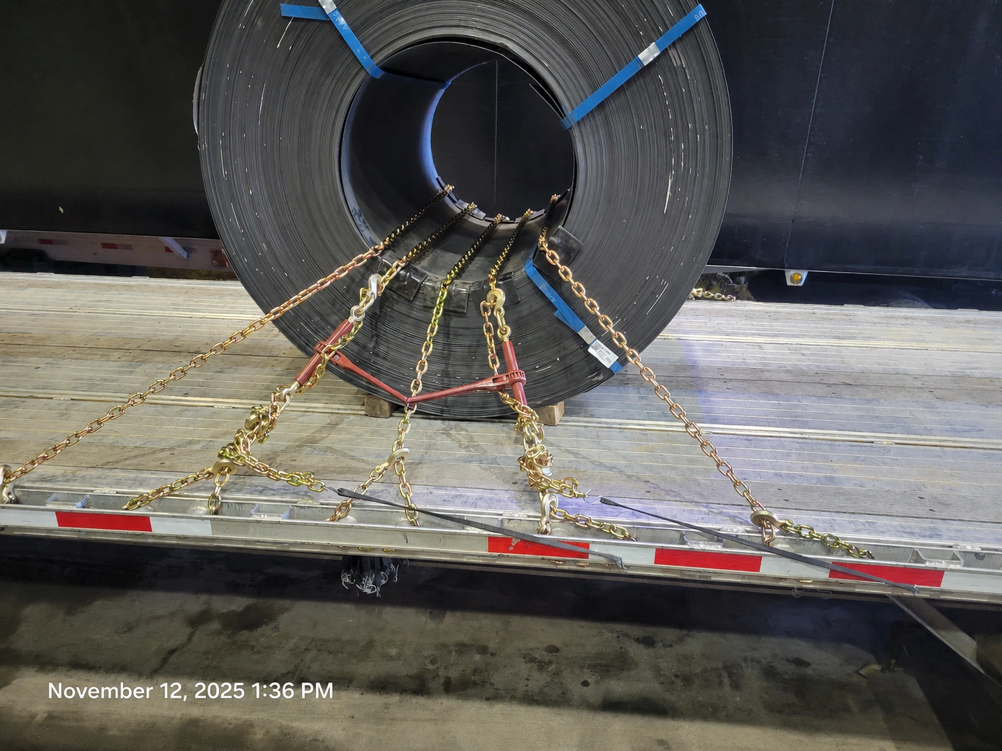 Steel coils secured on flatbed